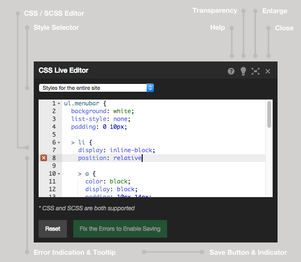 Características: Vista previa de la ventana de CSS Live Editor