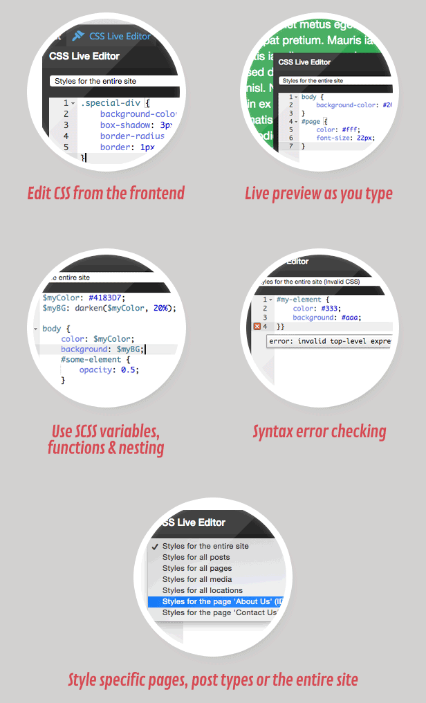 Características: Edite CSS desde la interfaz, vea una vista previa en vivo de su CSS mientras escribe, use sintaxis CSS o SCSS simple: use variables, funciones y anidamiento, verificación de errores de sintaxis con anotaciones de error, aplique estilos a todo su sitio, todas las páginas o tipos de publicaciones o incluso páginas específicas,